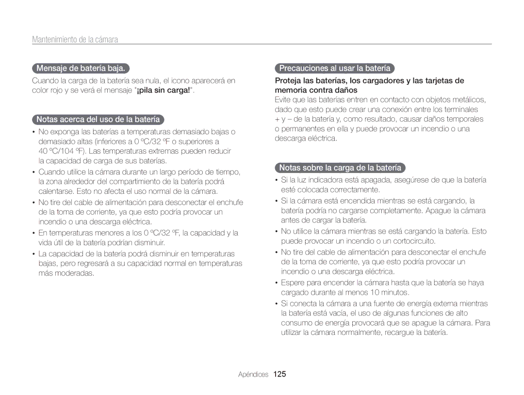 Samsung EC-MV800ZBPRE1 Mensaje de batería baja. , Notas acerca del uso de la batería , Precauciones al usar la batería  